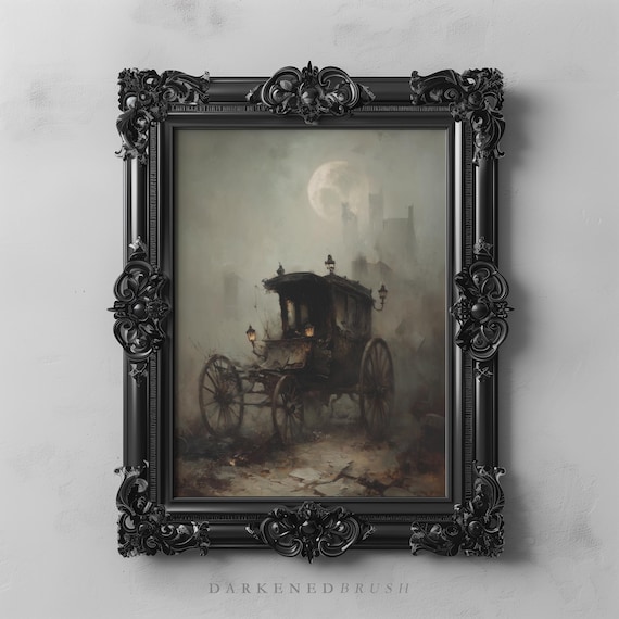 Victorian Carriage Beneath Full Moon With Crumbling Towers Gothic Halloween Wall Art Dark Academia Romantic Oil Painting 246