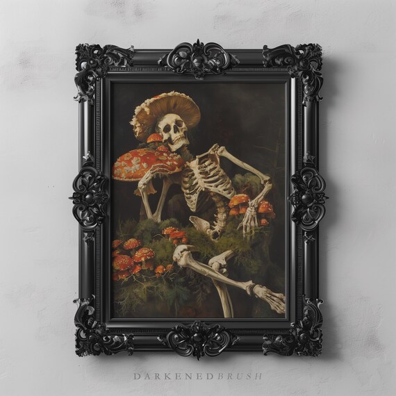 Skeleton With Amanita Mushrooms Dark Whimsical Fantasy Wall Art Macabre Botanical Academia Decor Gothic Home