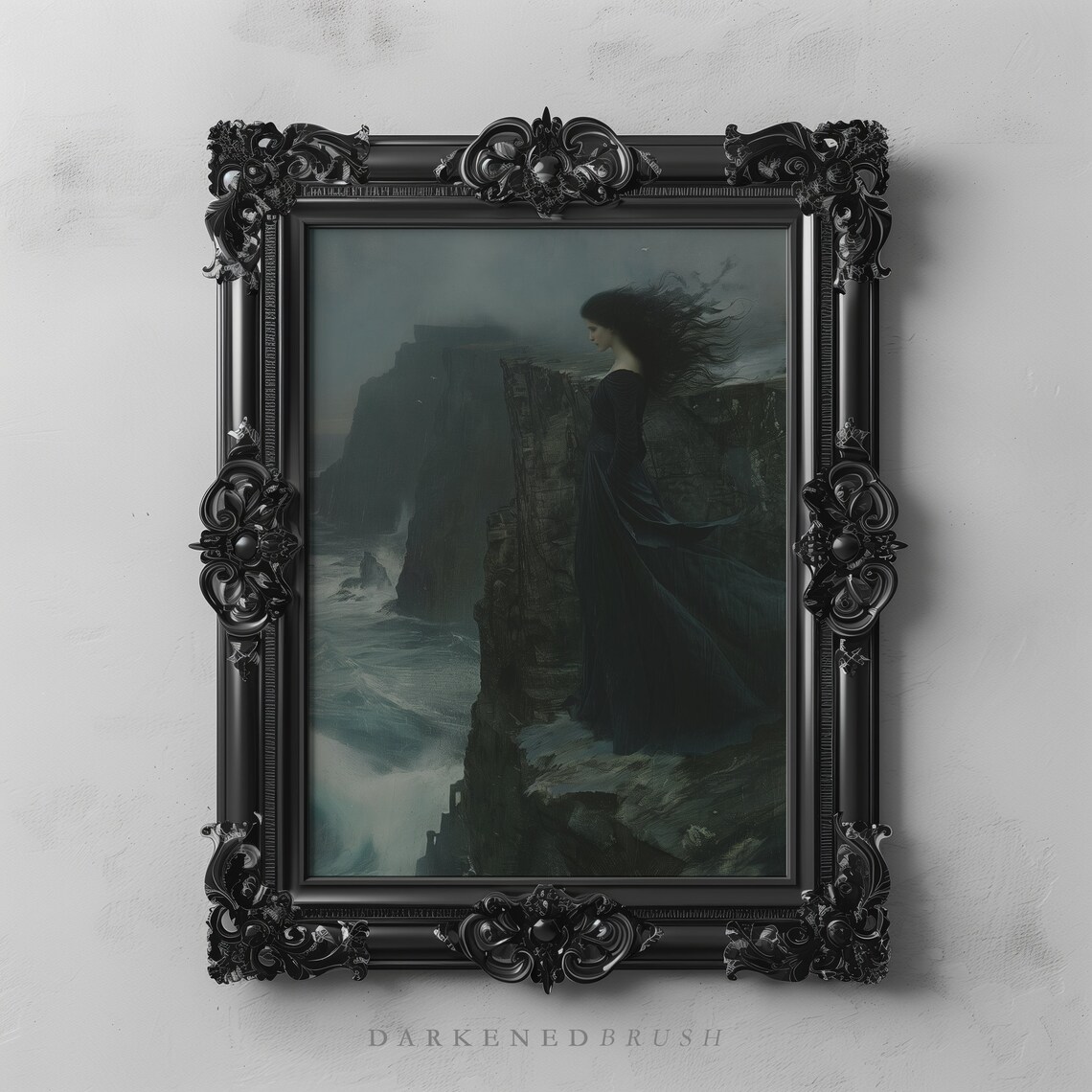Gothic Princess On Cliff Seascape, Dark Academia Art Print