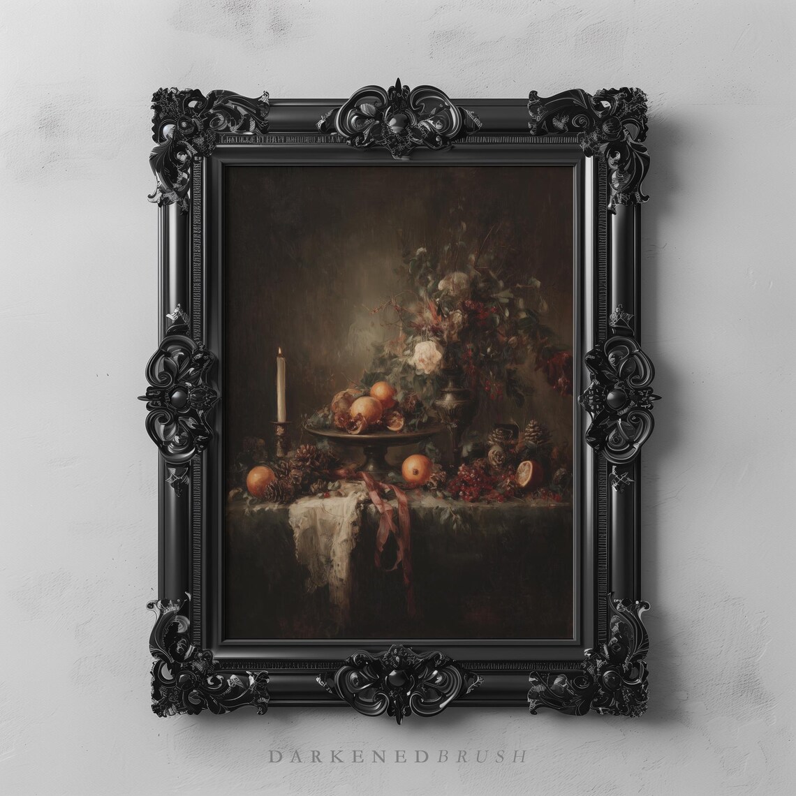 Victorian Dark Fruit Still Life Candlelit Botanical Moody Oil Painting Poster