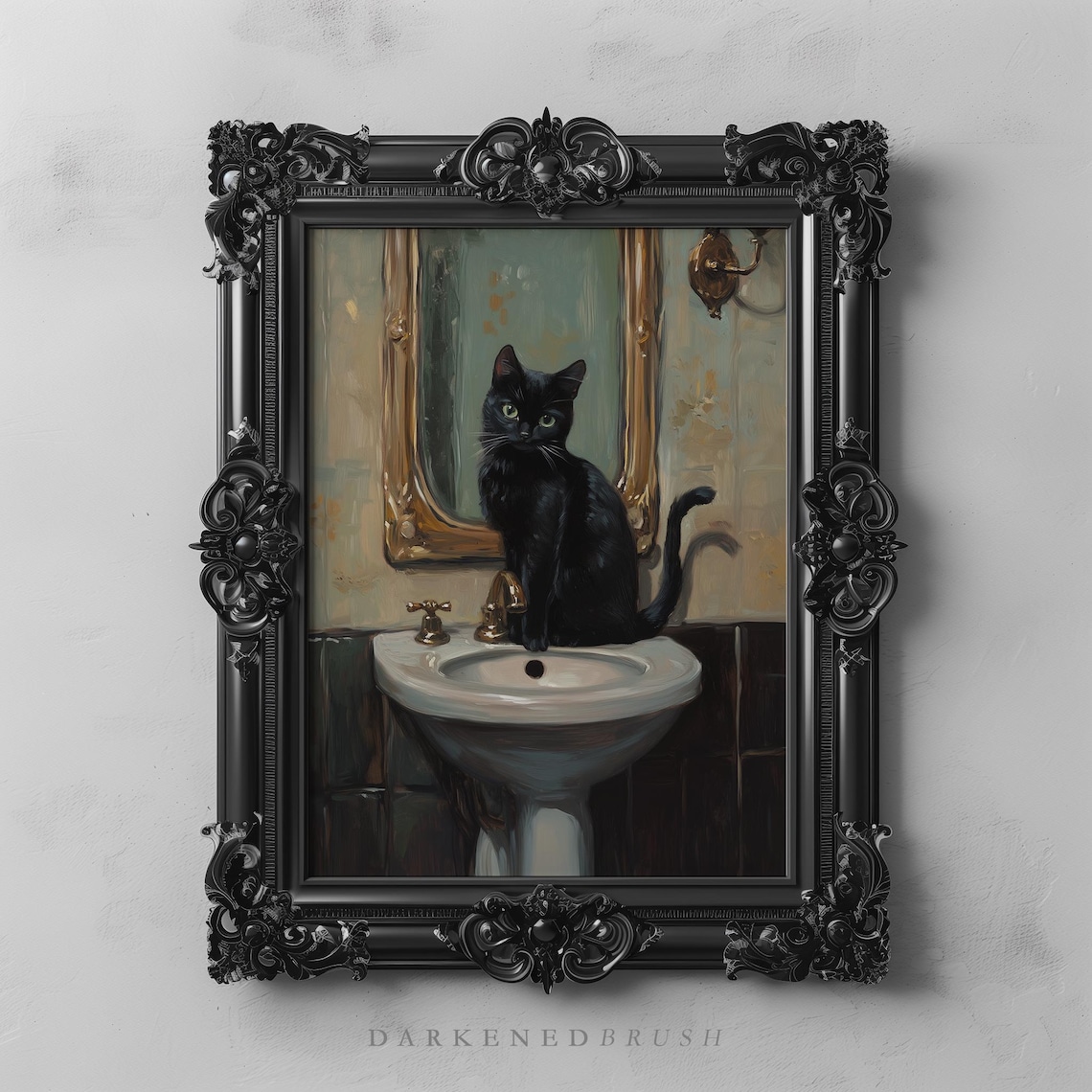 Black Cat On Vintage Sink Gothic Decor Art Print
