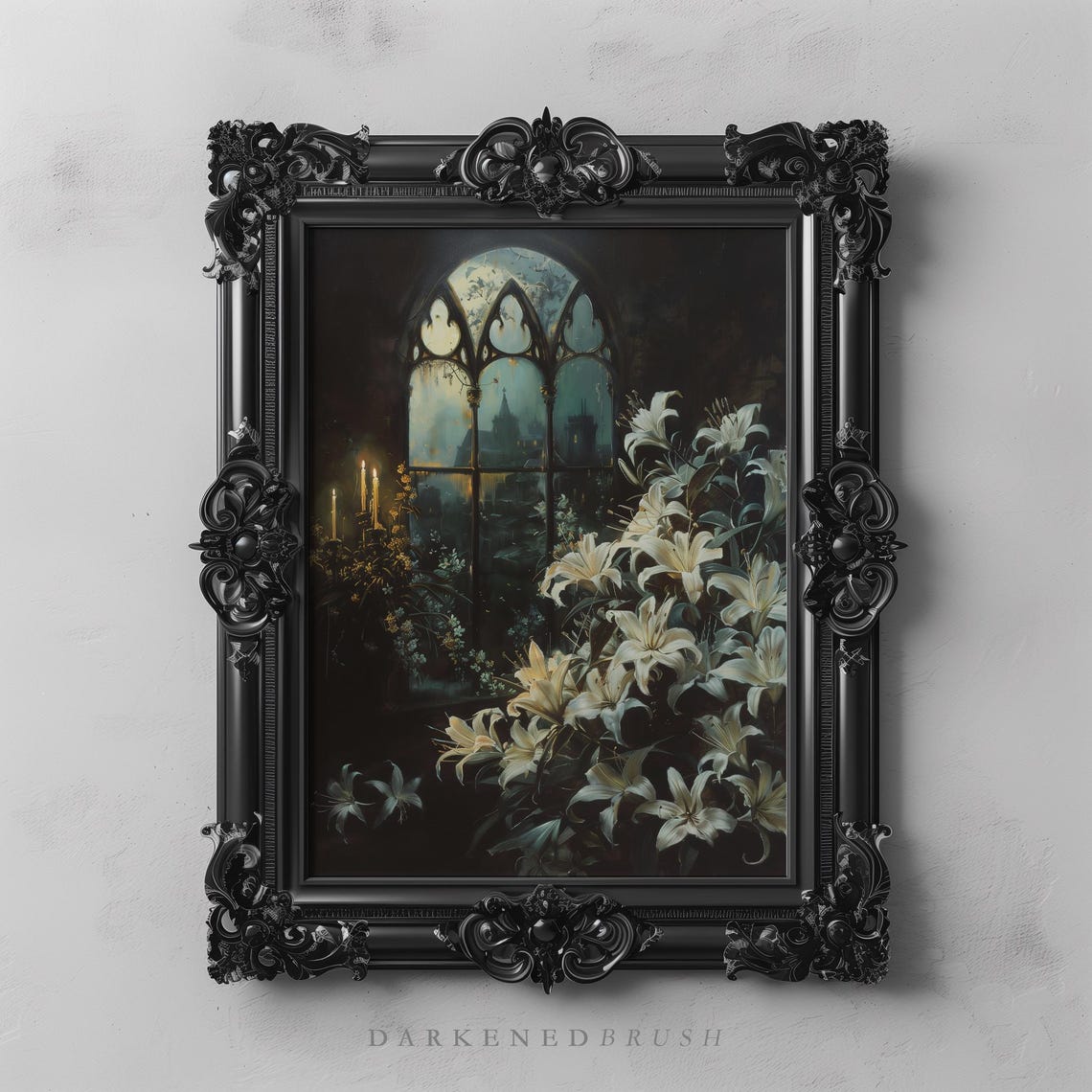 Gothic Lilies Flowers Candlelight Castle Art Dark Academia Floral Moody Decor White Lily Wall