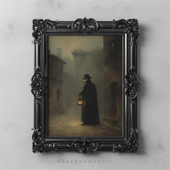 Victorian Plague Doctor In Foggy Lanternlit Street Dark Academia Wall Art Moody Gothic Vintage Halloween Urban Spooky 202