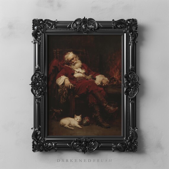 Sleeping Santa By Fireplace With White Cat Vintage Christmas Poster