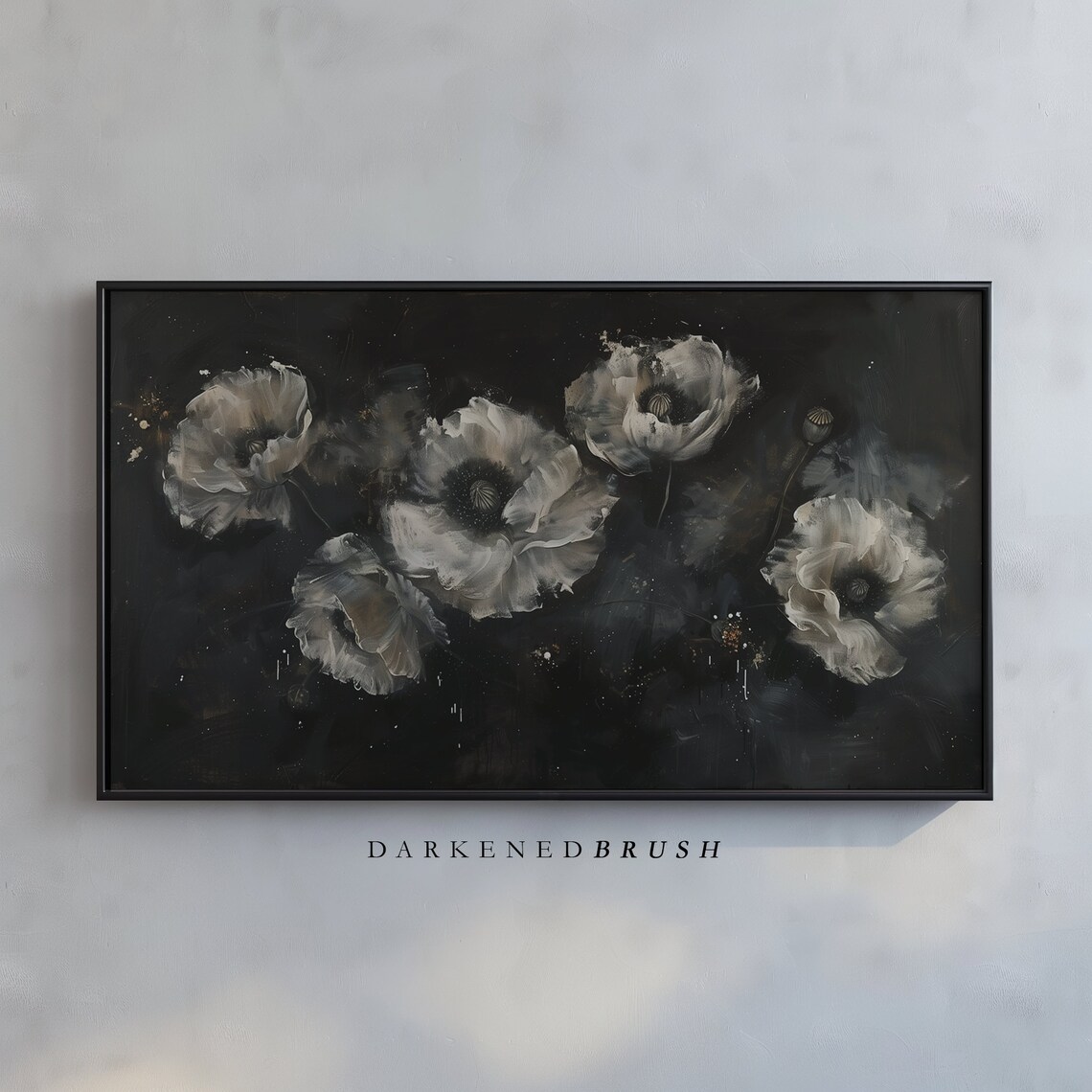 White Poppy Flowers on Black Moody Dark Floral Painting Poster