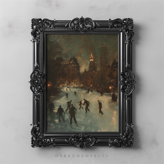 Vintage Winter Night Ice Skating City Scene Dark Oil Painting Poster