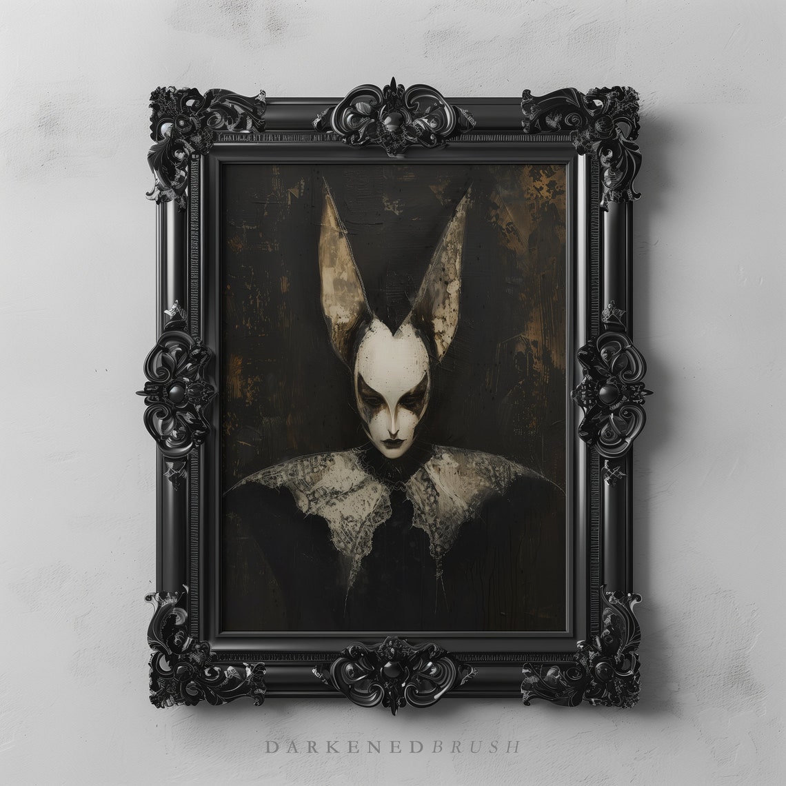 Dark Masquerade Gothic Woman Bat Art Victorian Vampire Moody Wall Aesthetics Oil Painting Instant