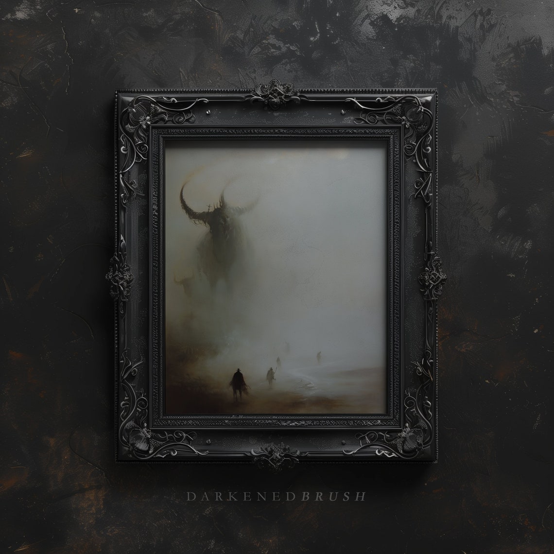 Horned Giant Emerging From Thick Mist Dark Fantasy Gothic Wall Art