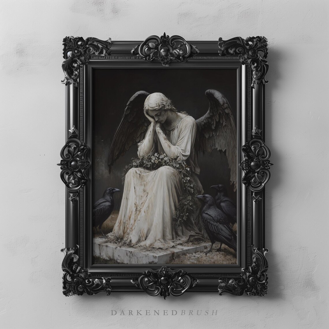 Gothic Christmas Angel Statue With Ravens Art Print