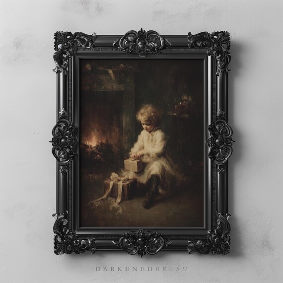 Child Unwrapping Gift Candlelit Christmas Night Vintage Oil Painting Poster