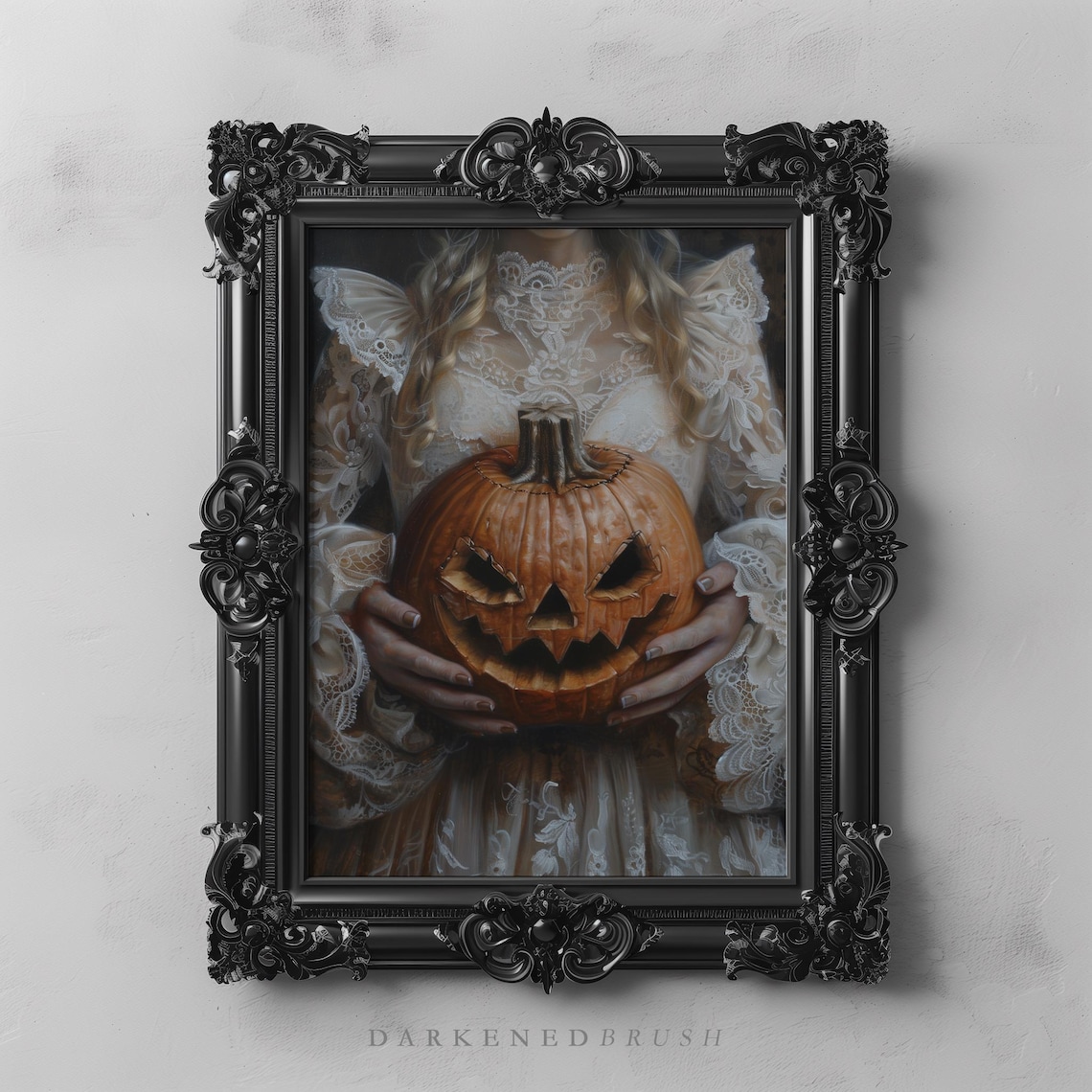 Victorian Lace Woman With Jack O Lantern Art Print