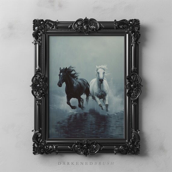 Black And White Horses Running Art Print Painting Rustic Animal Decor Dark Gothic Oil Wall Seascape Moody