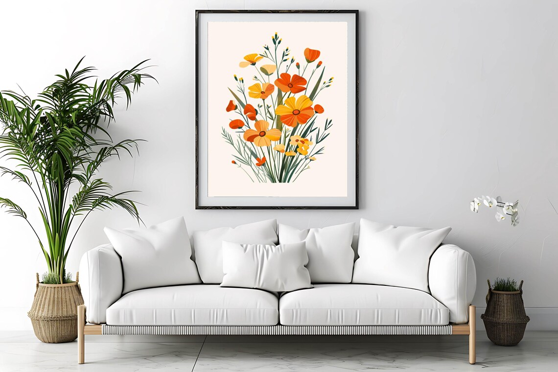 Orange Poppy Wildflower Bouquet Modern Botanical Illustration Poster - Image 4