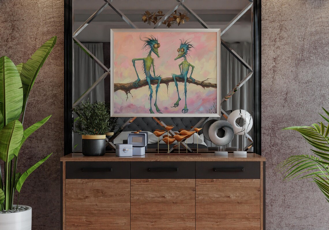 Lanky Whimsical Creatures Sitting on Branch Pastel Fantasy Poster - Image 3