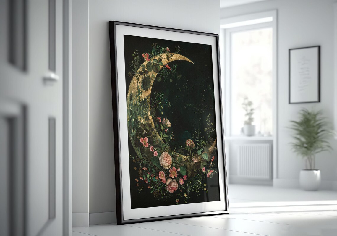 Golden Crescent Moon with Pink Flowers Dark Botanical Night Poster - Image 6