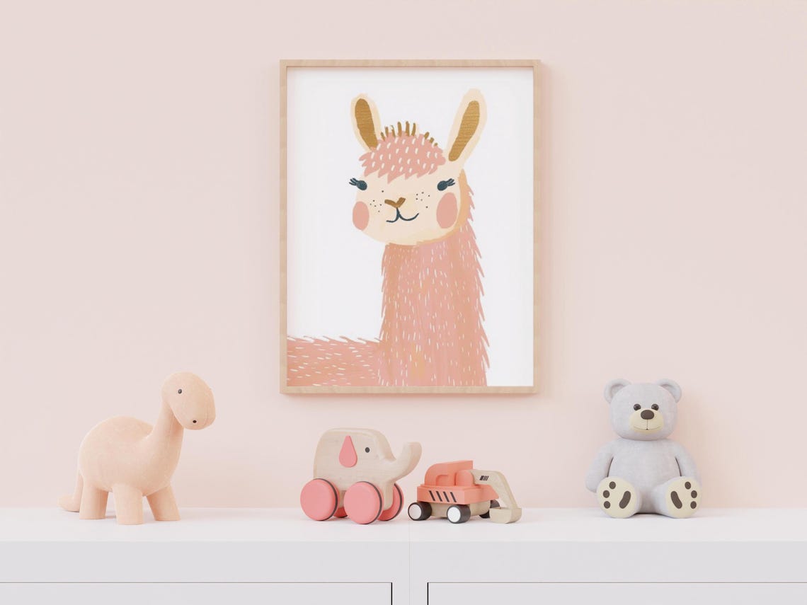 Adorable Peach Llama With Pink Mane Nursery Portrait Wall Art - Image 3