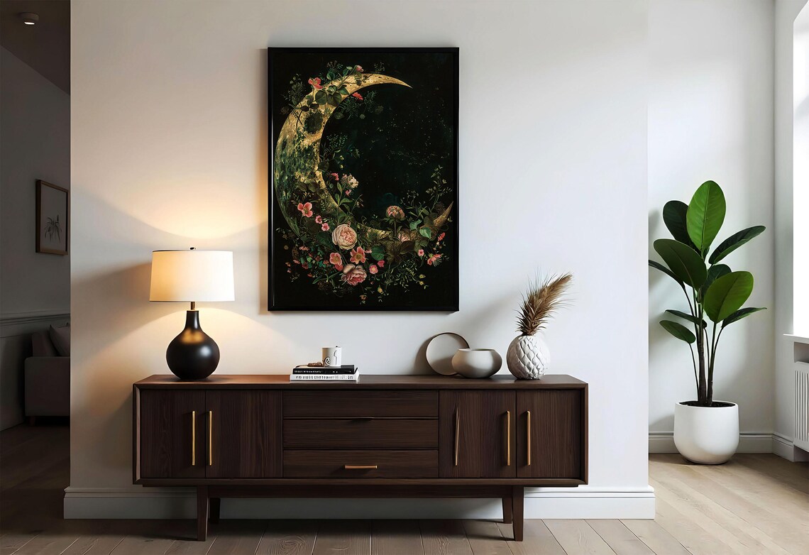 Golden Crescent Moon with Pink Flowers Dark Botanical Night Poster - Image 4