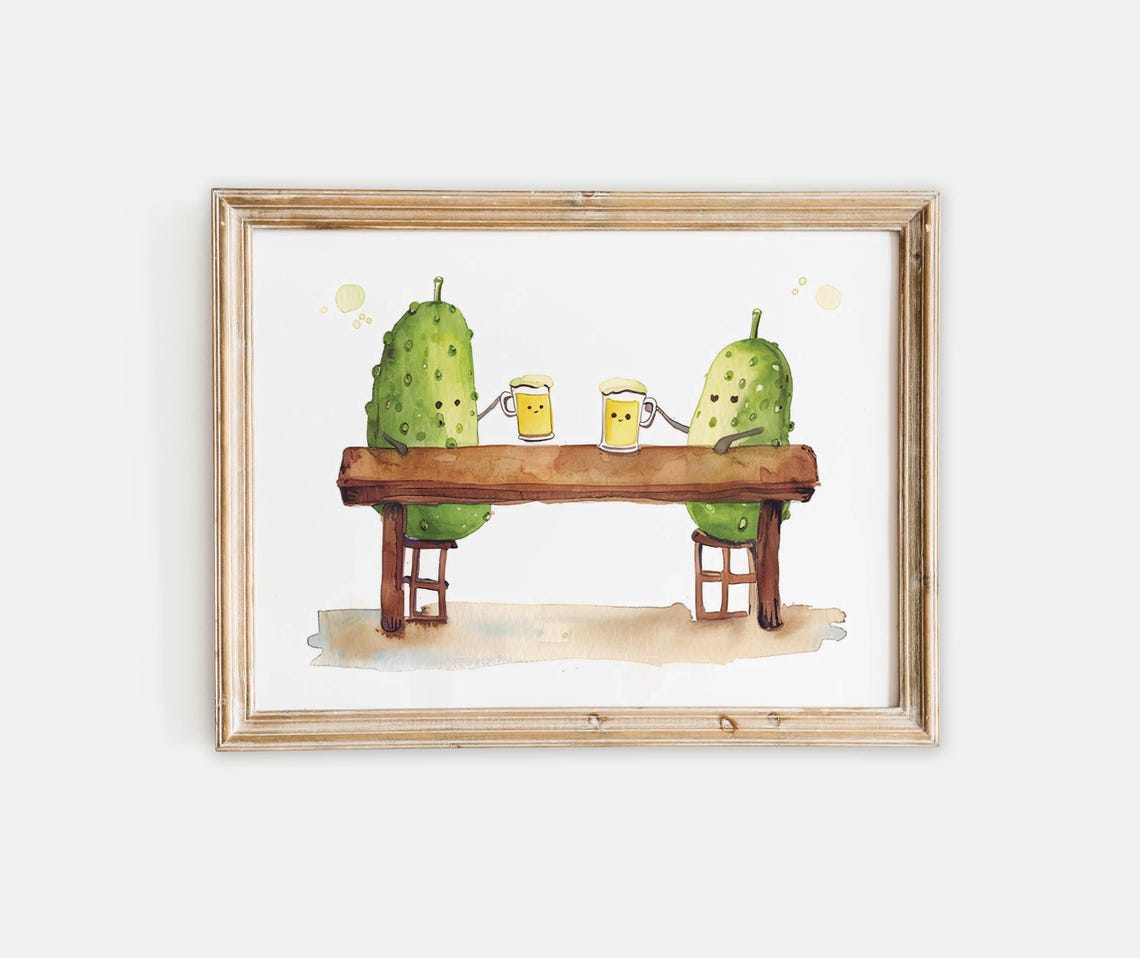 Two Cheerful Pickles Sharing Beer at a Bar in Watercolor Poster
