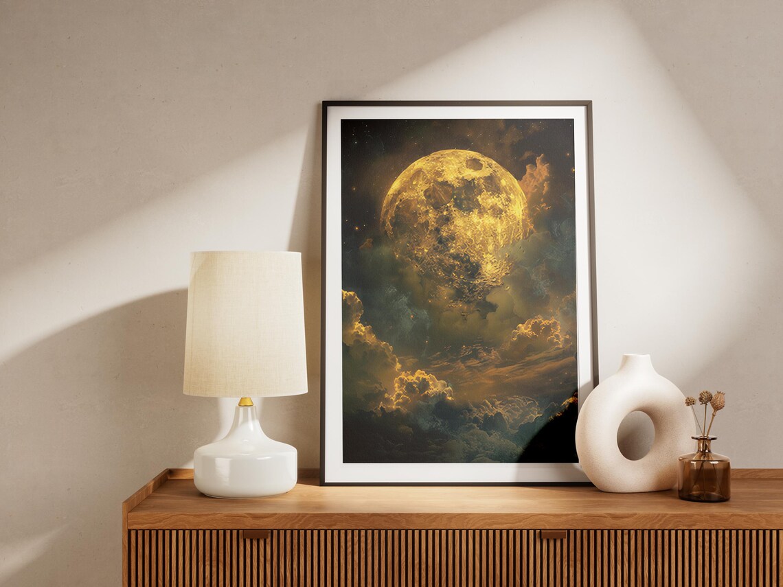 Giant Golden Moon Behind Dark Storm Clouds Moody Night Poster - Image 5