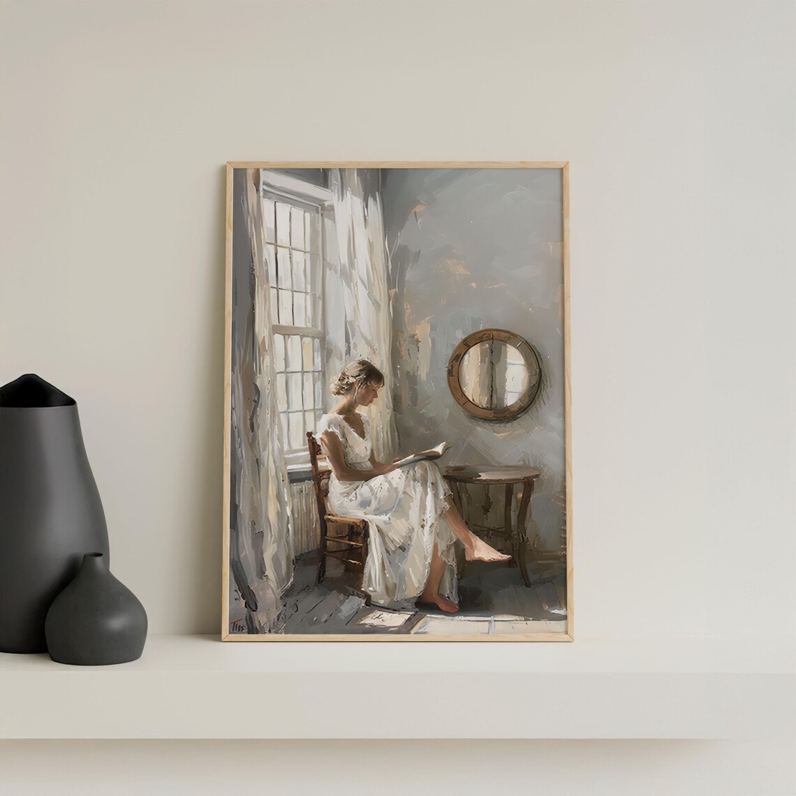 Young Woman Reading Beside a Window with a Round Mirror Vintage Poster