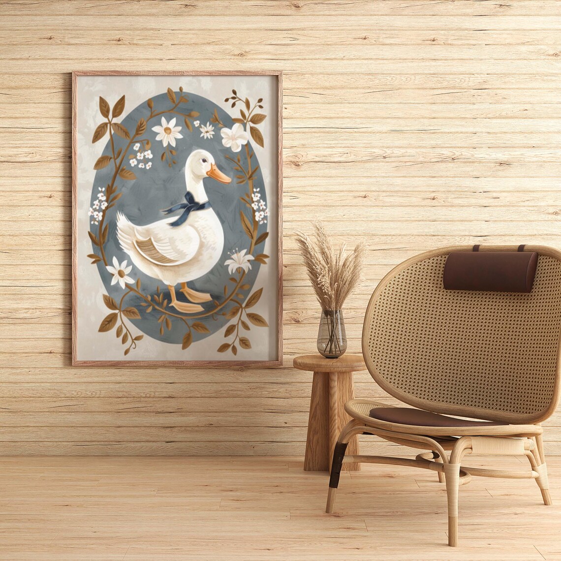 White Duck Wearing a Blue Ribbon in Vintage Oval Botanical Poster - Image 3