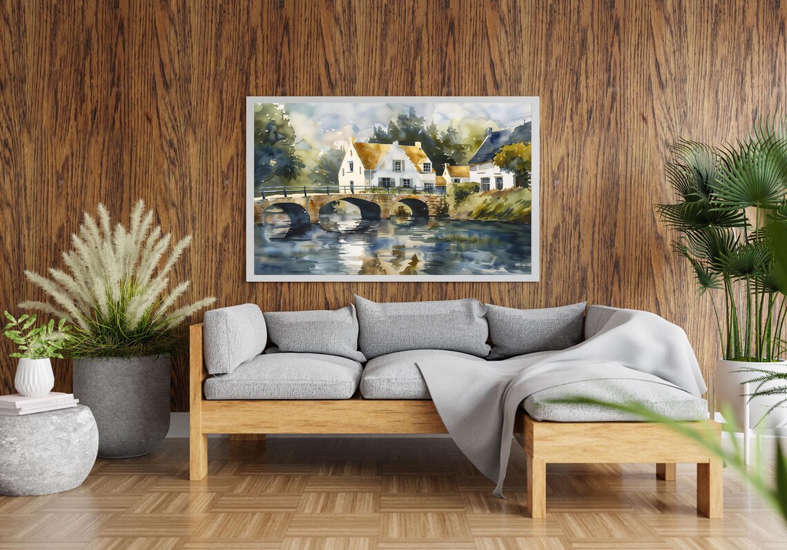 European Canal Village Triple Arch Stone Bridge Watercolor Poster - Image 4