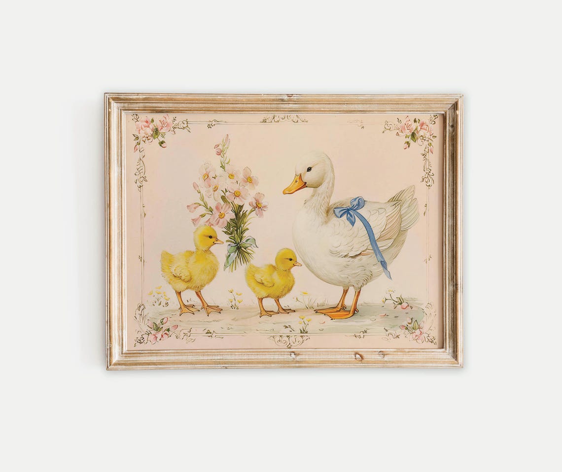 Mother Duck with Two Yellow Ducklings Vintage Nursery Poster