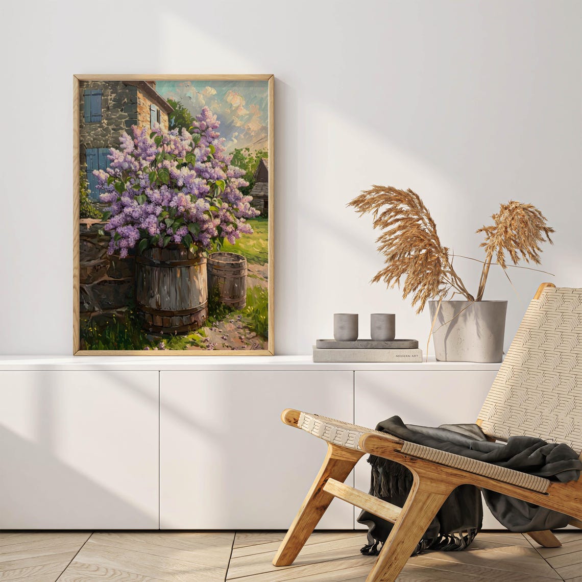 Lilac Bush by Stone House with Blue Shutters Countryside Poster - Image 4