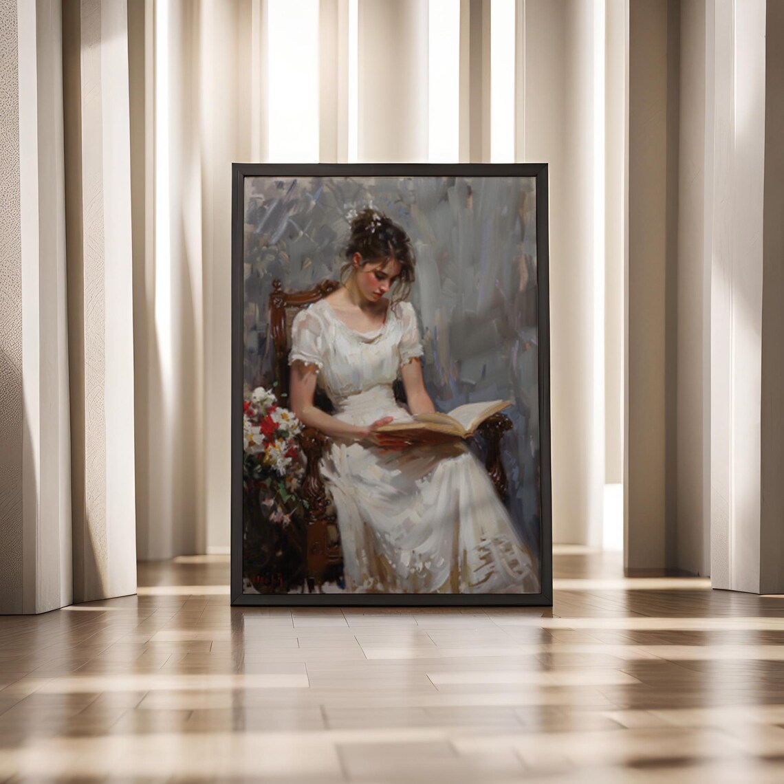 Woman in White Gown Reading a Book Vintage Oil Portrait Poster - Image 6