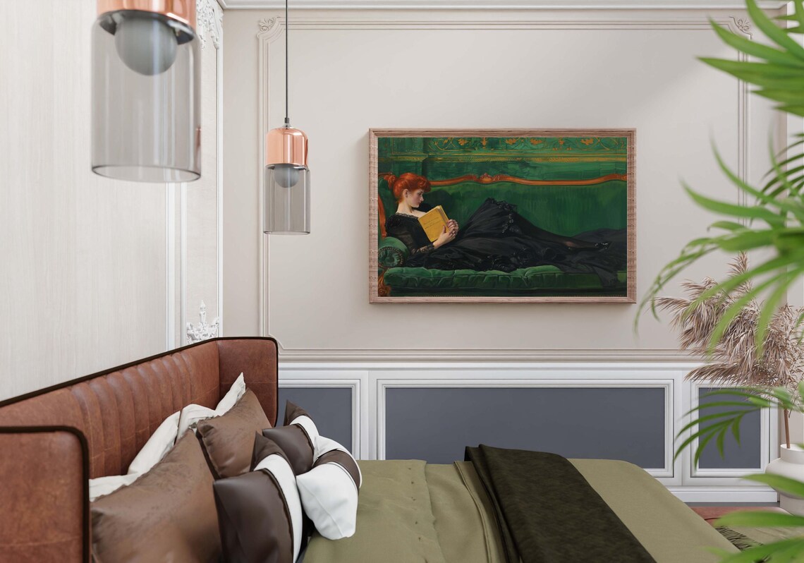 Redhead Woman in Black Gown Reading on Green Chaise Lounge Poster - Image 2