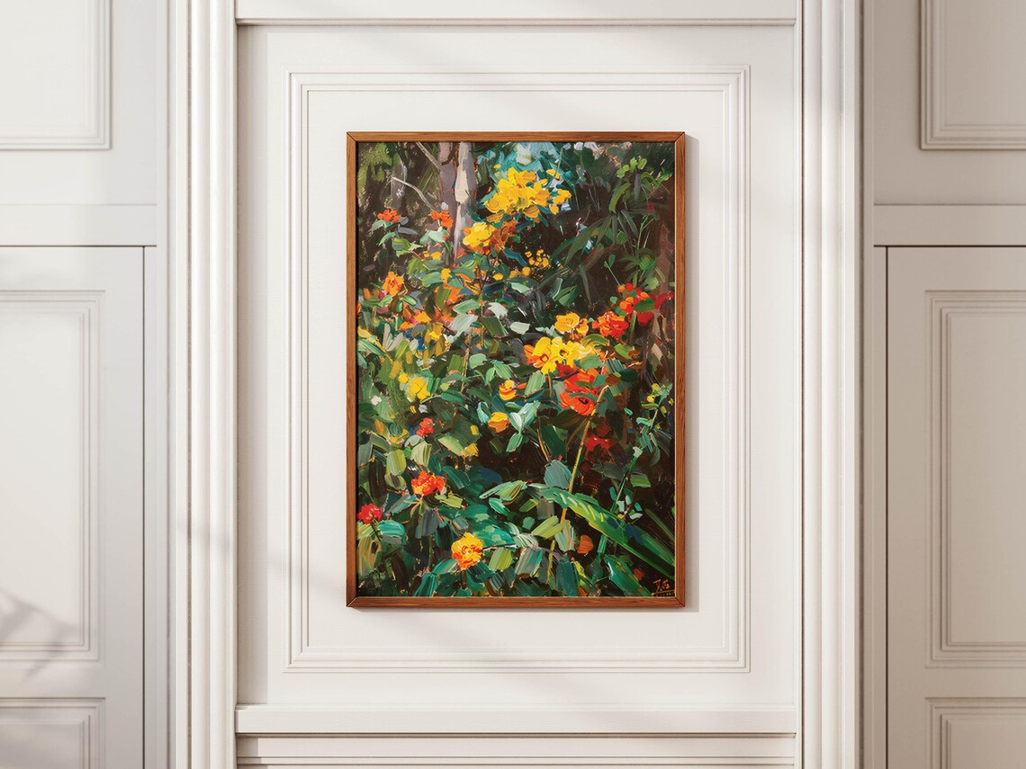 Lush Garden Blooming with Yellow and Red Flowers Oil Painting Poster