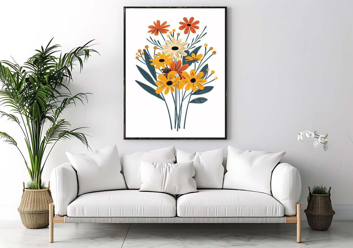 Colorful Daisy Bouquet Modern Flat Floral Illustration Art Poster - Image 2