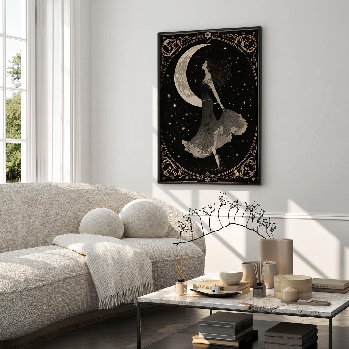 Moon Goddess in Flowing Gown Art Nouveau Crescent Moon Art Poster - Image 3