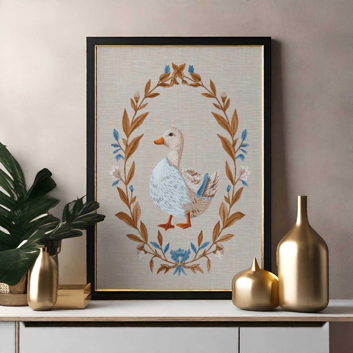 Elegant Duck Inside a Golden Botanical Wreath on Linen Poster - Image 3