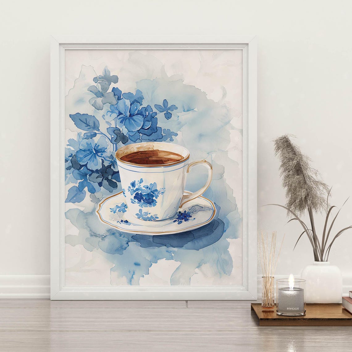 Delicate Blue Watercolor Teacup with Floral Tea Still Life Poster