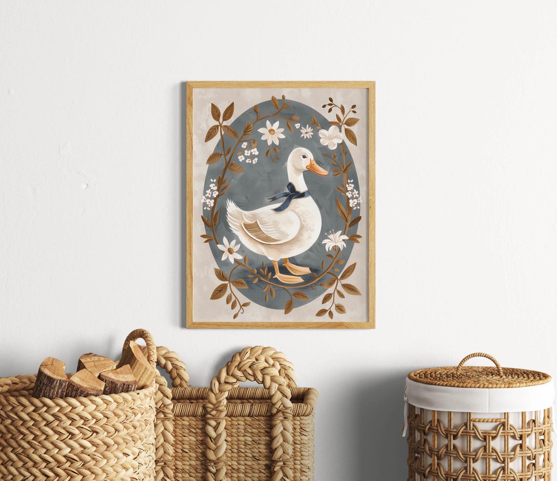 White Duck Wearing a Blue Ribbon in Vintage Oval Botanical Poster - Image 4