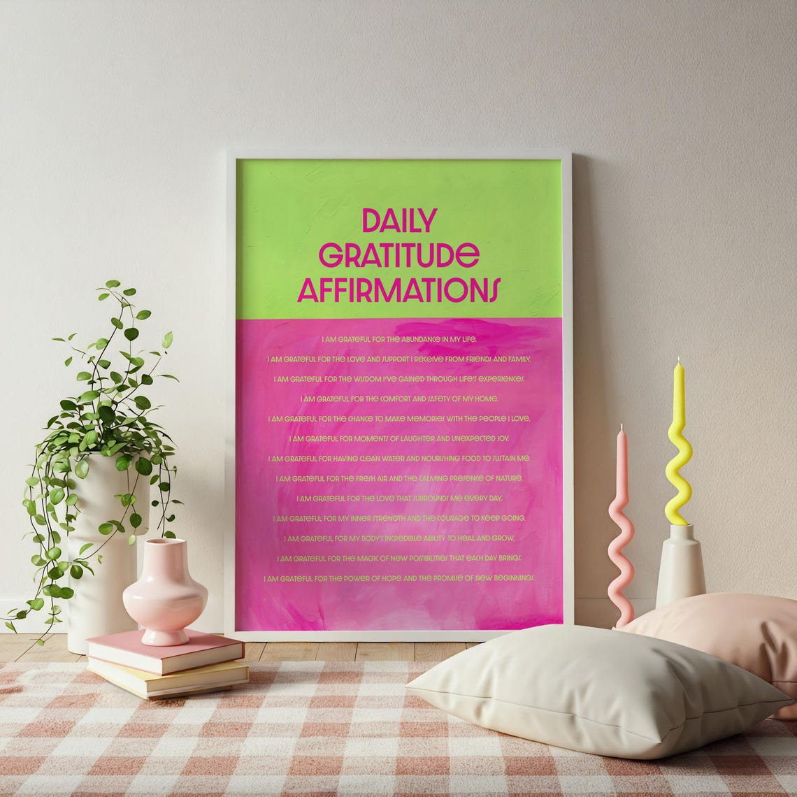 Daily Gratitude Affirmations Wall Art Pink And Green Inspirational Dcor Colourful Typography Poster Healing Print