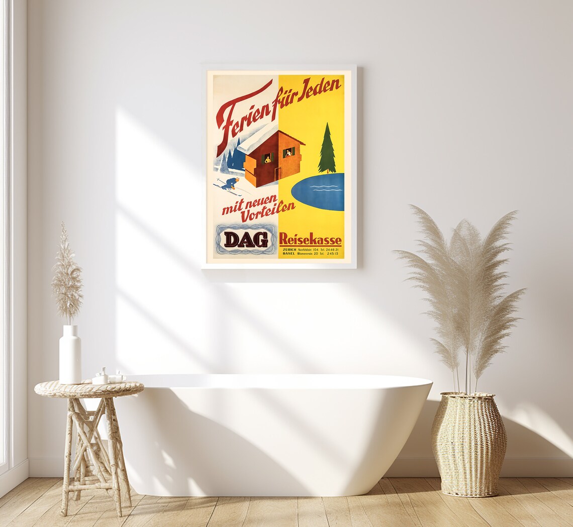 Switzerland DAG Holidays Winter Ski Summer Lake Chalet Vintage Poster - Image 3