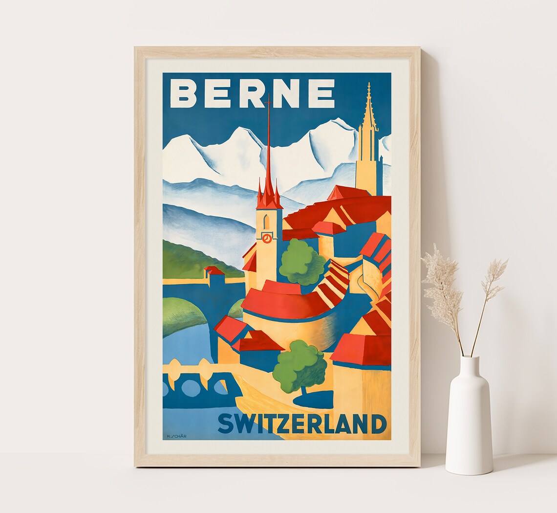 Berne Switzerland Old Town Spires Alpine Deco Vintage Travel Poster