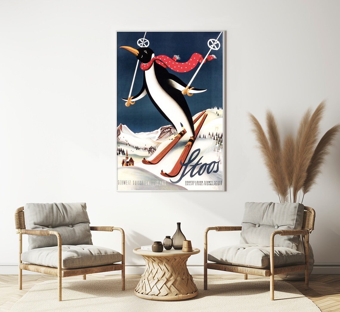 Stoos Switzerland Skiing Penguin Red Scarf Night Slopes Vintage Poster - Image 3