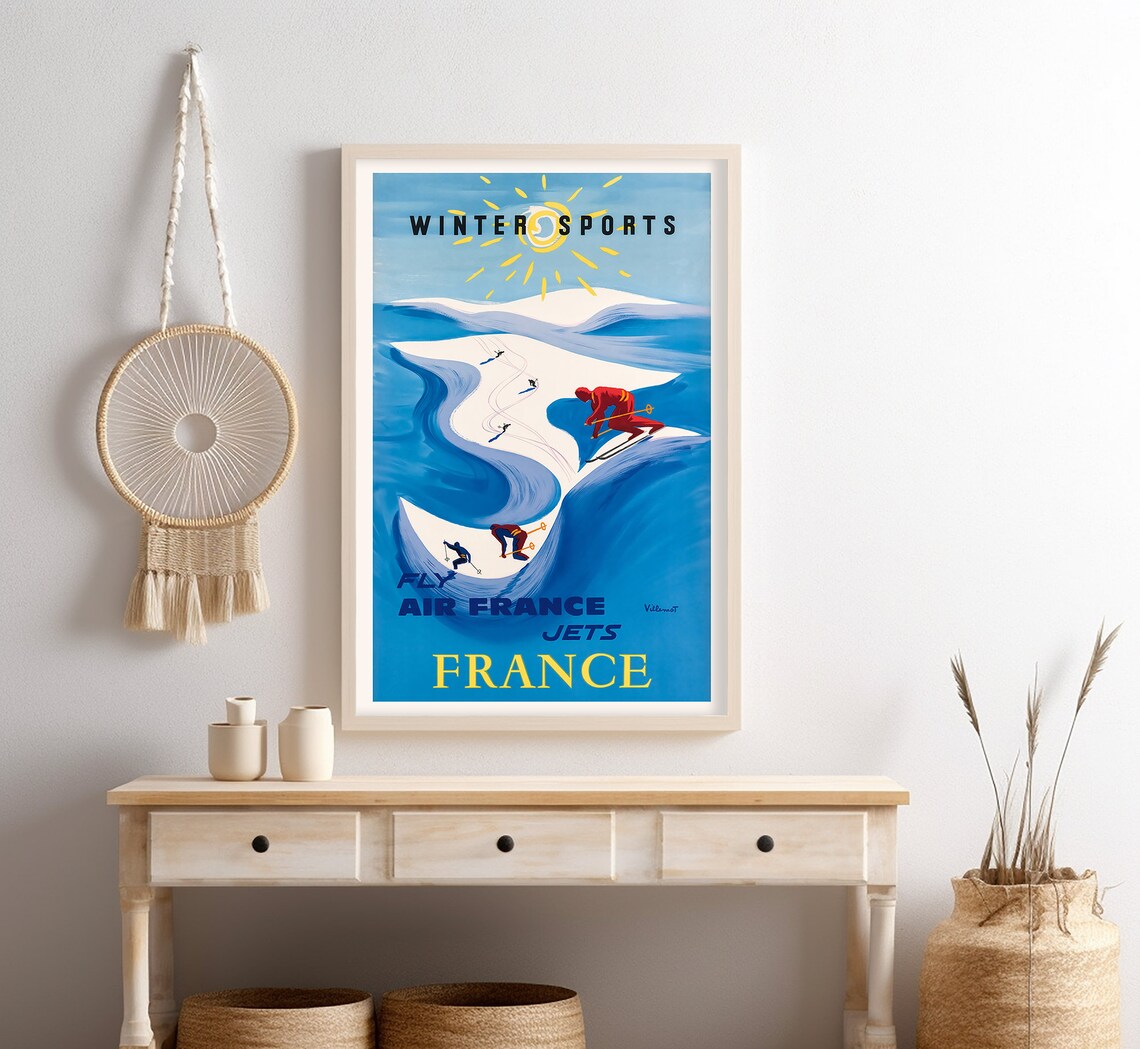 Air France Winter Sports Villemot Blue Ski Slopes Retro Travel Poster - Image 4