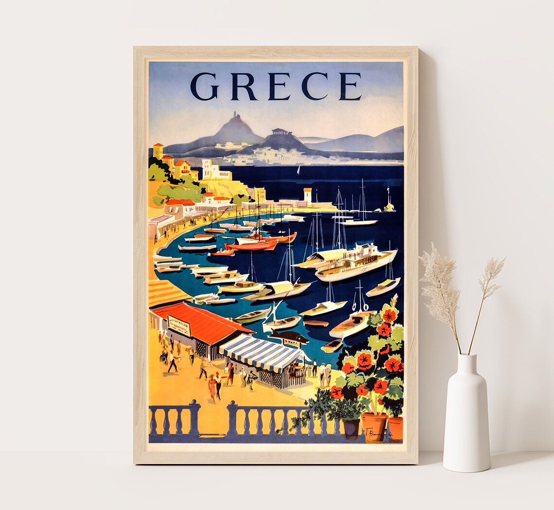 Greece Harbor Boats Coastal Town Vintage Greek Coast Travel Poster