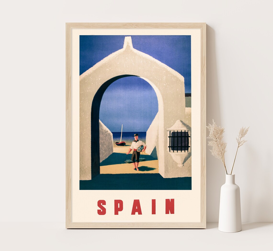 Spain Moorish Arch Beach Fisherman Sailboat Blue Sky Vintage Poster
