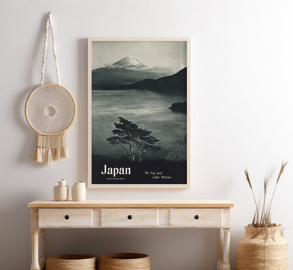 Japan Mount Fuji Lake Motosu Black White Pine Vintage Travel Poster - Image 4