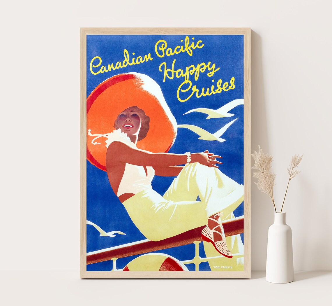 Canadian Pacific Happy Cruises Sun Hat Deck Woman Vintage Ocean Poster