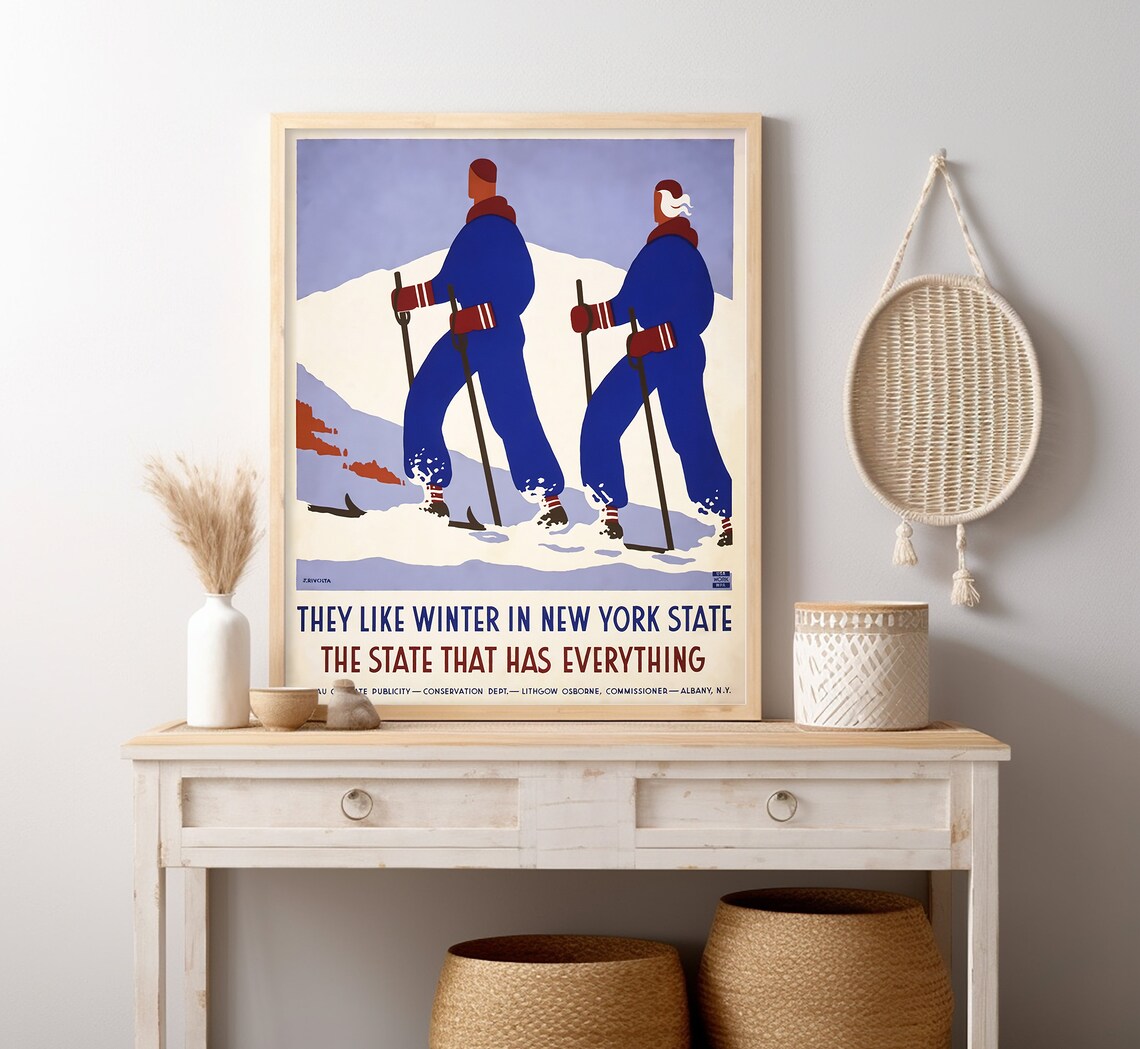 New York State Winter Skiers Deco Retro Ski Scene Travel Poster - Image 4