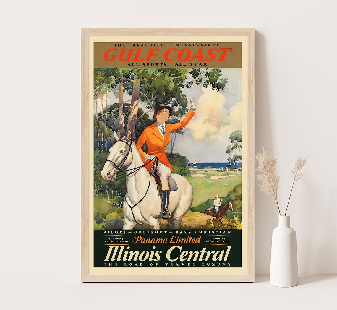 Mississippi Gulf Coast Horseback Rider Golf Vintage Travel Poster