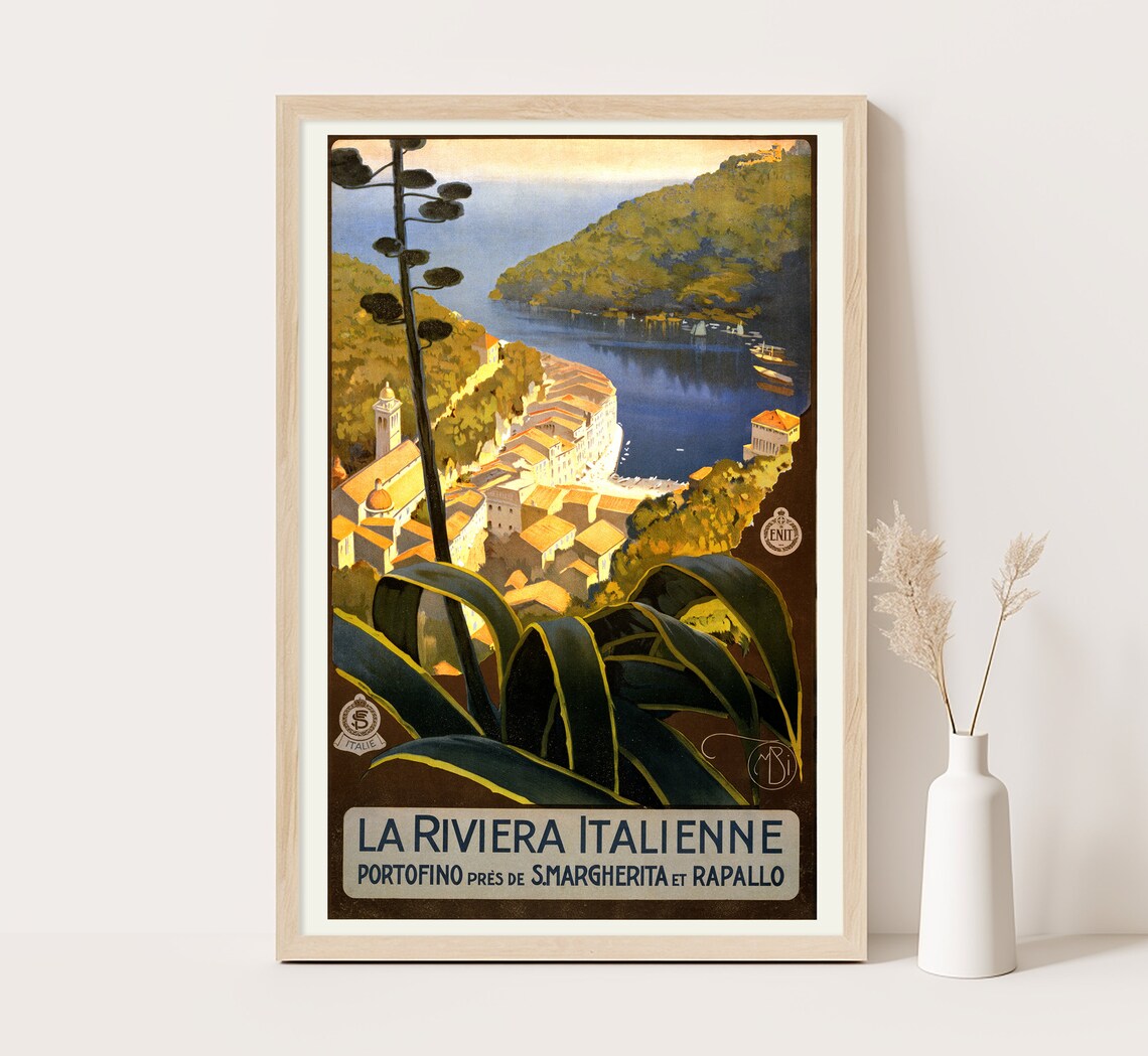 Portofino Italian Riviera Bay Hillside Overlook Vintage Travel Poster