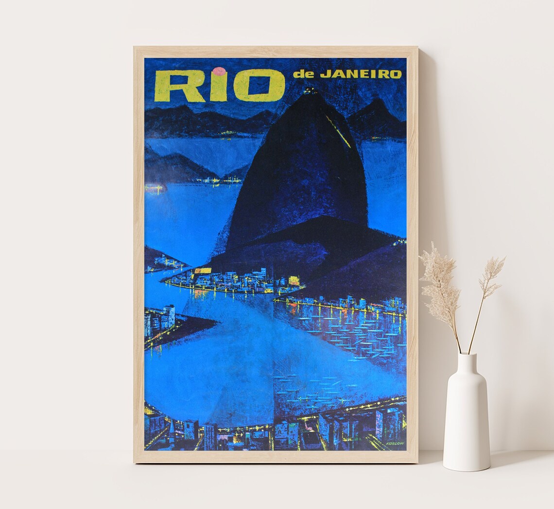 Rio De Janeiro Sugarloaf Night Bay City Lights Vintage Travel Poster