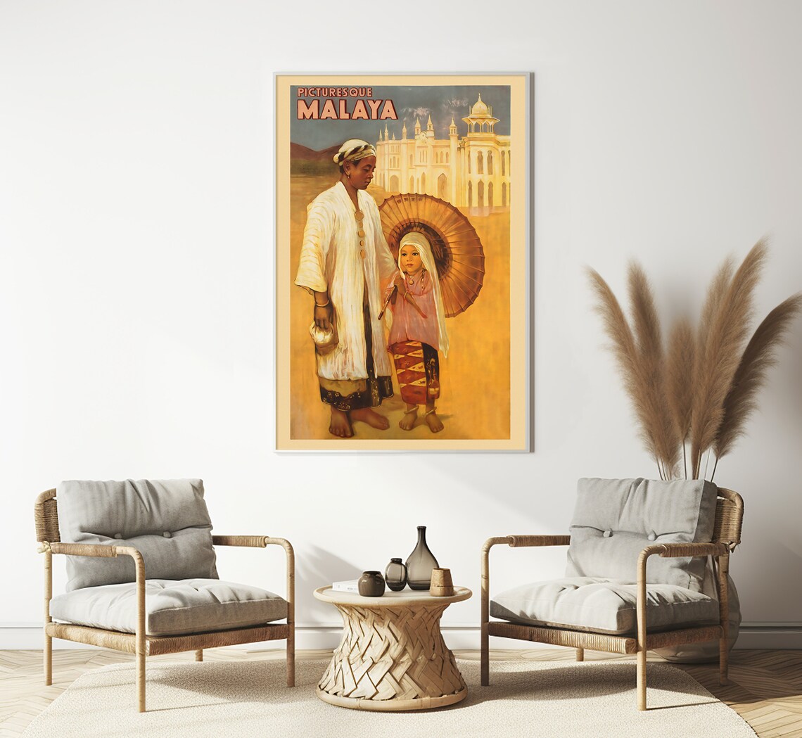 Picturesque Malaya Woman Child Parasol Mosque Golden Travel Poster - Image 3